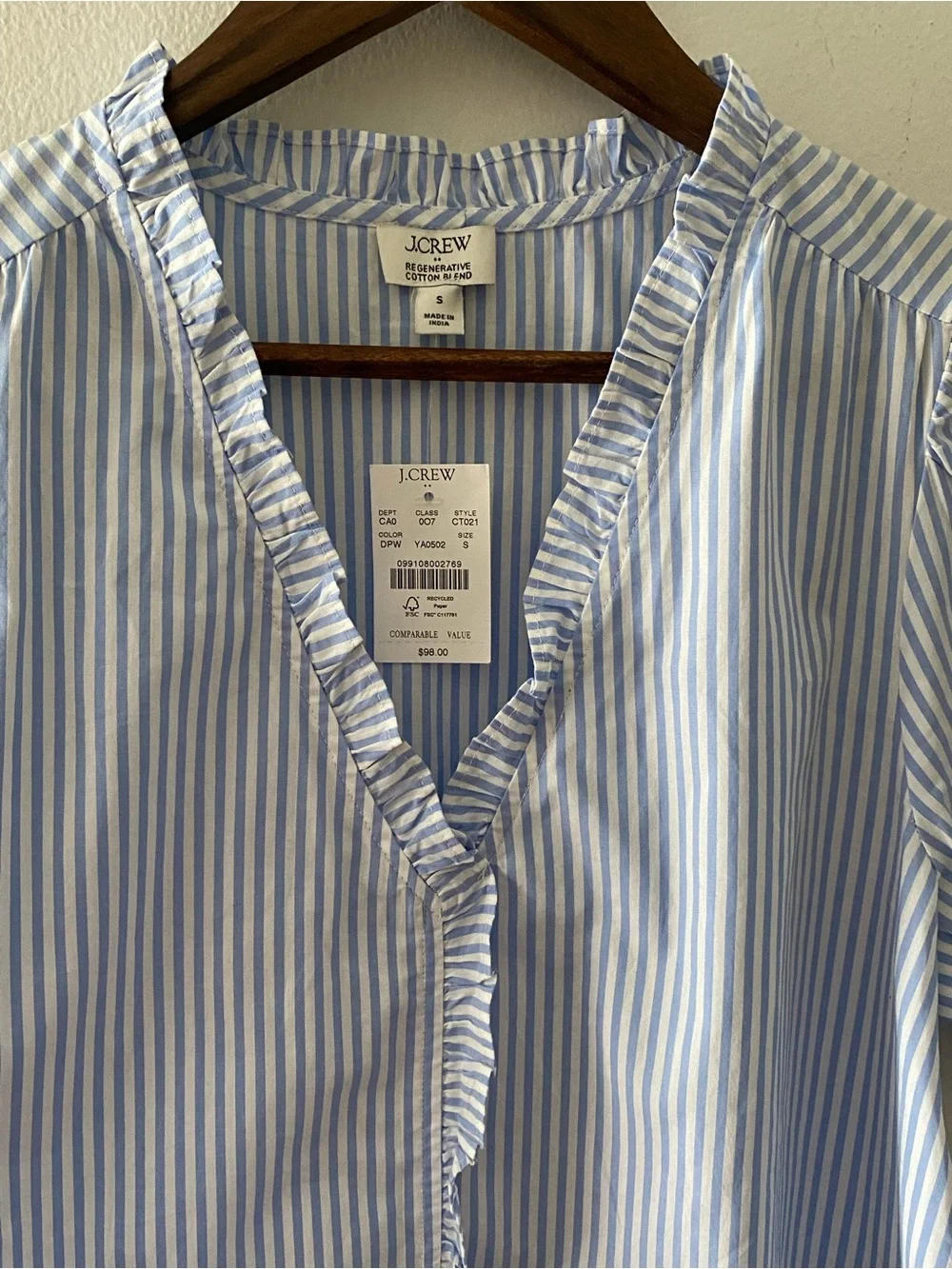 J. Crew Blue and White Striped Ruffle V-Neck Puff Sleeve Blouse
